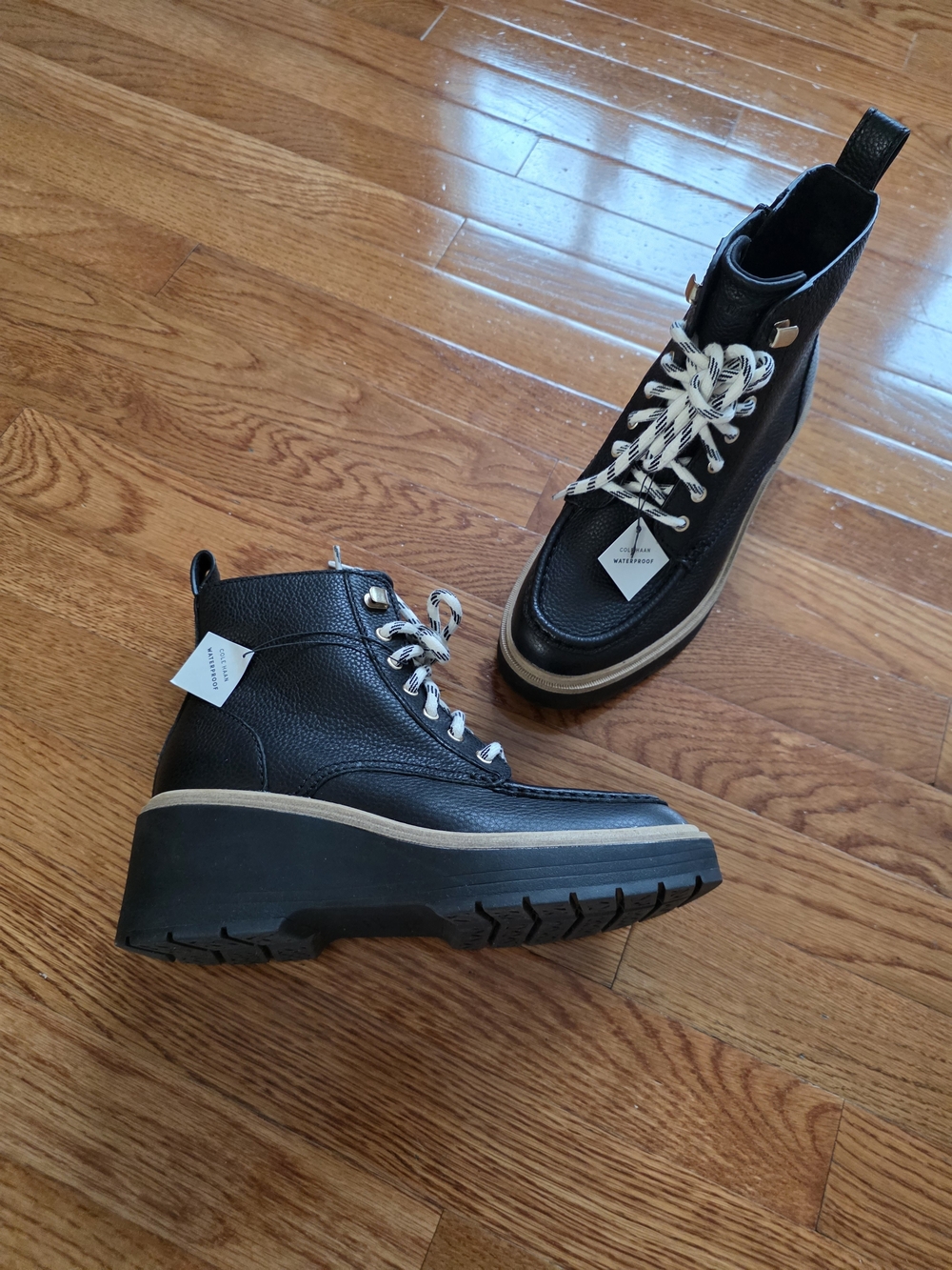 Cole Haan Black Leather Platform Lace-Up Ankle Boots with Cream Accent